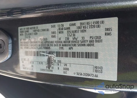 2020 Ford Escape Se from USA, damaged, VIN 1FMCU9G67LUC78905